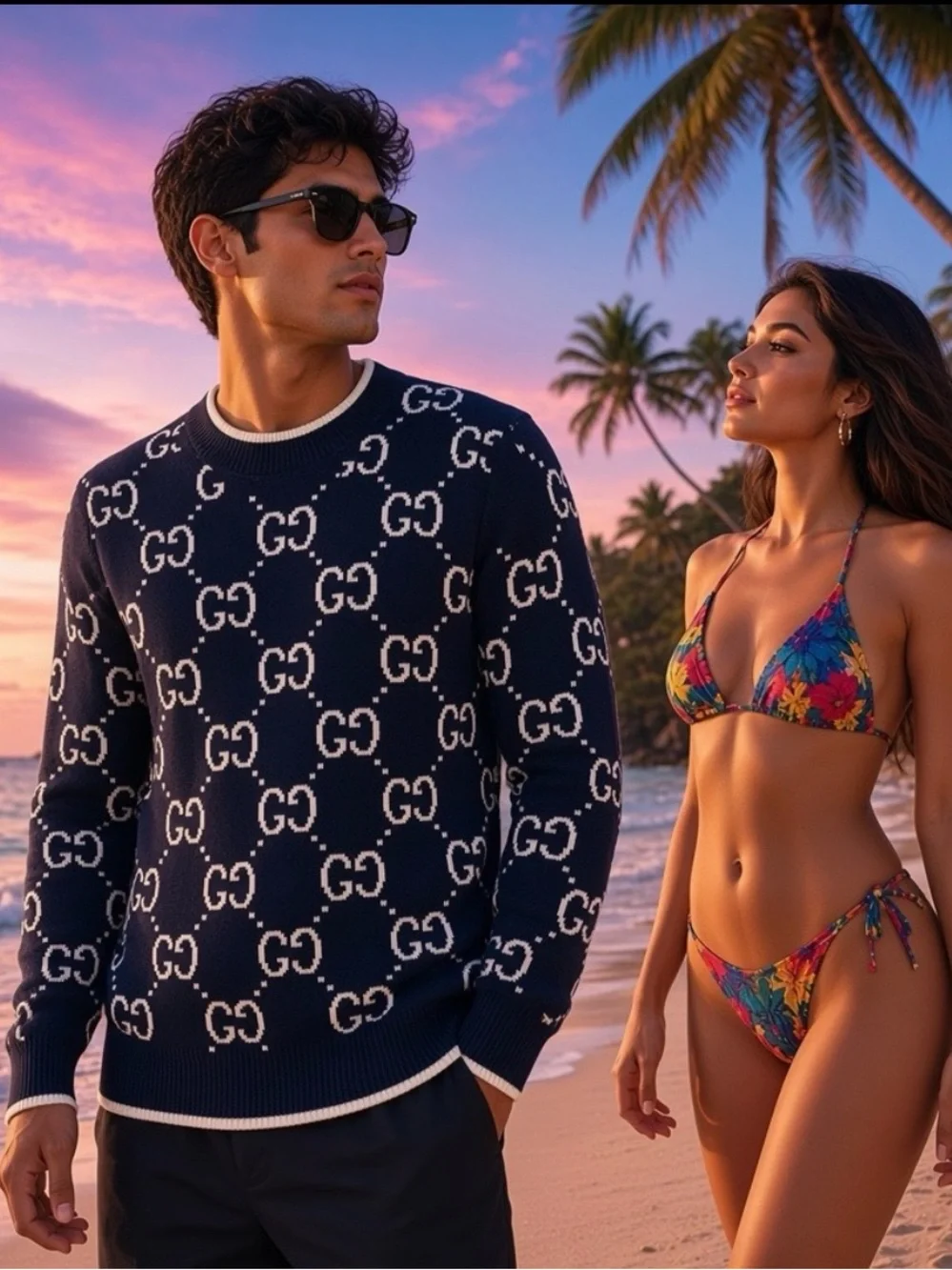 Gucci Navy and White GG Logo Crew Neck Sweater